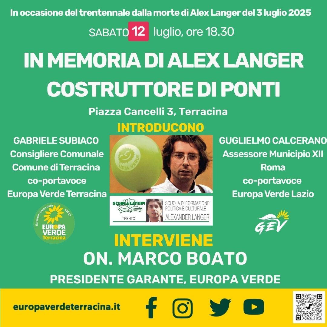 LOCANDINA EVENTO IN MEMORIA DI ALEX LANGER SABATO 12 LUGLIO 18.30 A PIAZZA CANCELLI 3